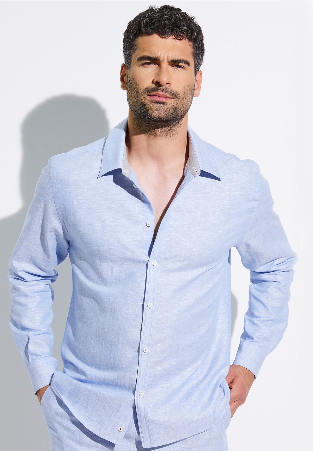Linen Blend | Button Front Shirt Long Sleeve - light blue